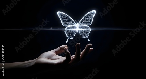 Luminous digital butterfly hovers above an open hand against a dark backdrop, symbolizing future tech