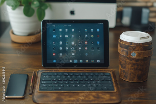 Tablet and coffee cups on desk.