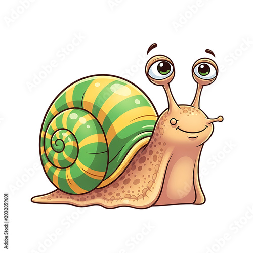 A cute cartoon snail with a green and yellow shell isolated on transparent background