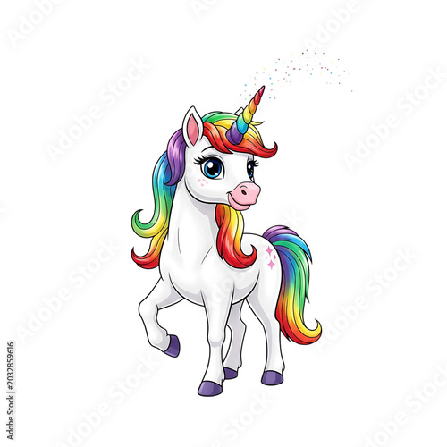 A cute cartoon unicorn with a rainbow mane and tail isolated on transparent background