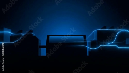 Glowing blue neon light trails cityscape.