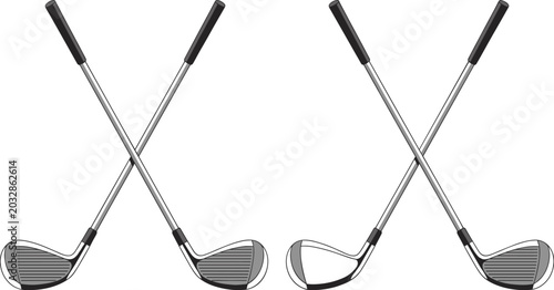 Two Pairs of Golf Clubs Crossed on White BackgroundTitle: Two Pairs of Golf Clubs Crossed on White BackgroundKeywords: golf, club, sport