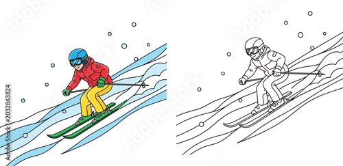 Konstfotografi Skier Descending Snowy Mountain Slope, Set of Colored Cartoon Illustration and B