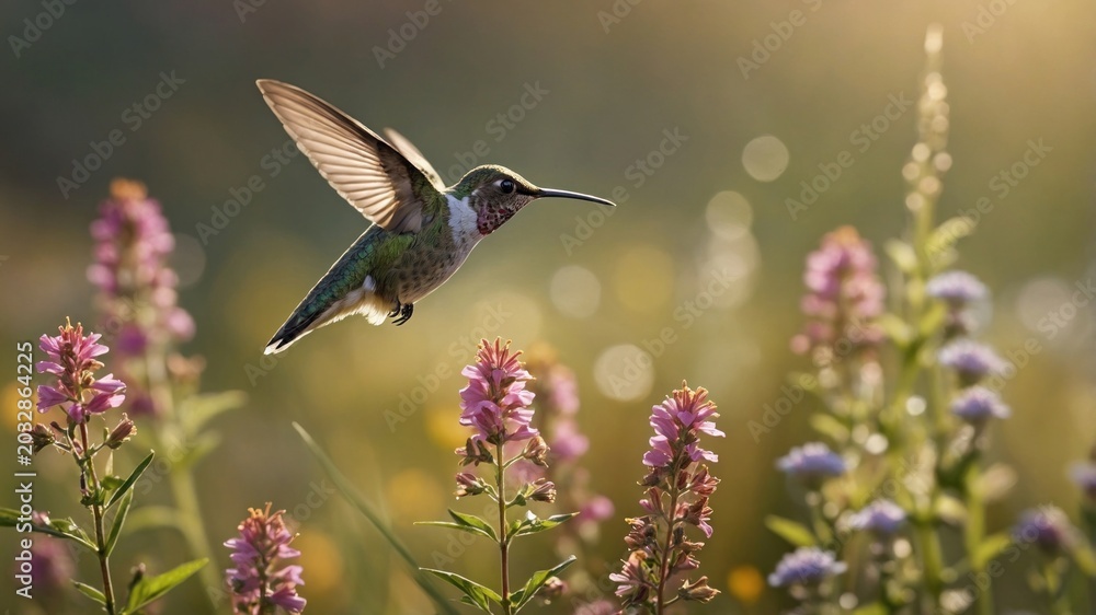 Fototapeta premium Hummingbird hovering gracefully over vibrant wildflowers in a sunlit meadow during springtime