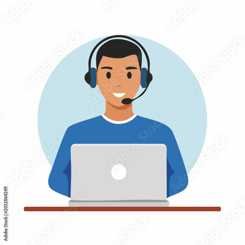 Customer Service Representative with Headset and Laptop