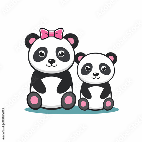 Cute cartoon pandas, one with a pink bow