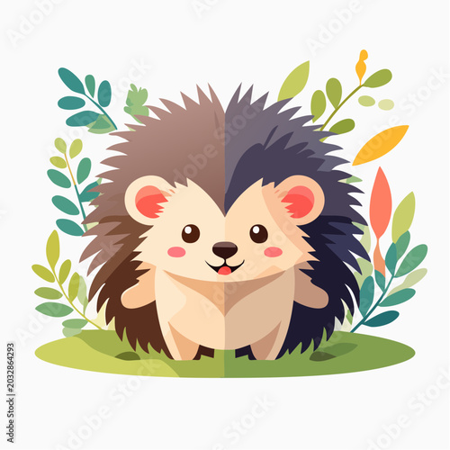 Cute cartoon hedgehog surrounded by leaves