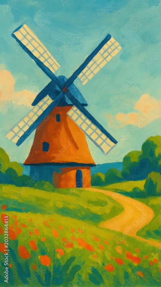 Fototapeta premium Idyllic windmill landscape painting