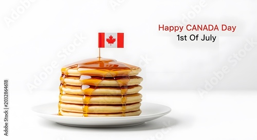Canada day pancake stack with maple syrup and flag