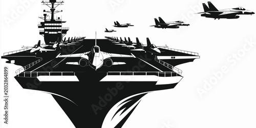 Bild auf Leinwand Military Aircraft Carrier with Fighter Jets Vector Illustration, Aircraft Carrier Warship with Fighter Planes Silhouette Vector, Naval Military Fleet Aircraft Carrier Illustration