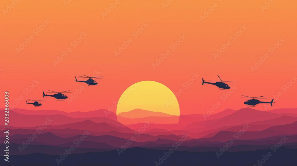 Obraz premium Helicopter silhouettes on sunset background