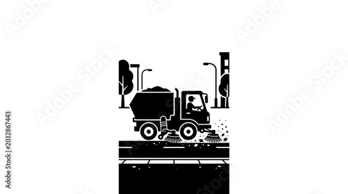 Konstfotografi A black and white silhouette illustration of a street sweeper truck cleaning a road