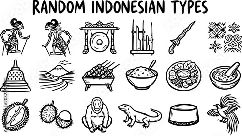 Photos Indonesian Culture Icons: Line Art Featuring Traditional Figures, Food, and Symb