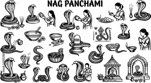 Εκτύπωση καμβά Nag Panchami Indian Festival Line Art: Cobra Snakes, Rituals, Worship, Deity, Hi