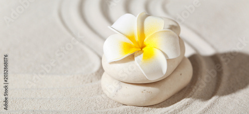 Foto Spa stones with plumeria flower on light sand. Zen concept