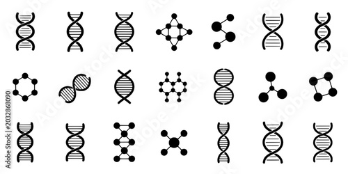 DNA strands and molecular structures set with scientific icons featuring science, biology, genetics with research and laboratory elements for cells,