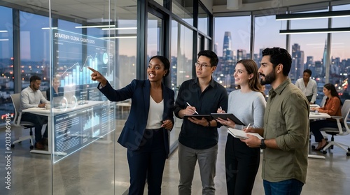 Diverse Team Analyzing Data Growth Strategy in Modern Office