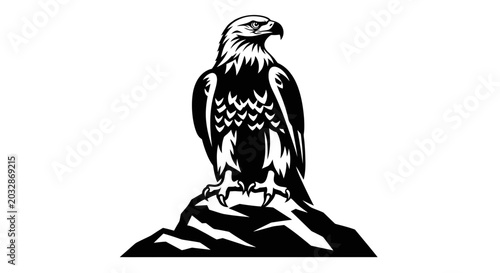 Bold Eagle: Black and White Clip Art Icon on Rock