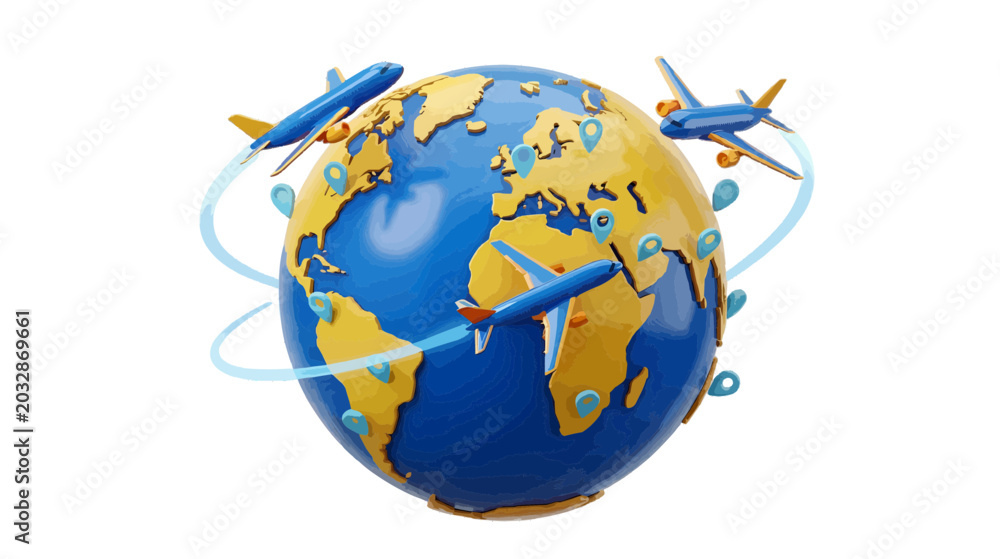 Naklejka premium Vector illustration of 3d illustration of airplanes flying around the globe on a transparent background