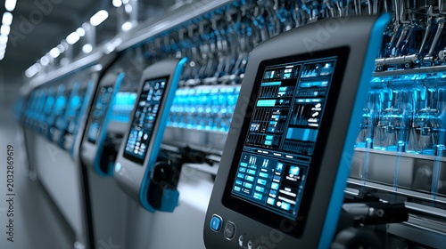 Automated textile machinery operates with glowing blue screens in a modern factory, ensu efficiency and precision in production lines.