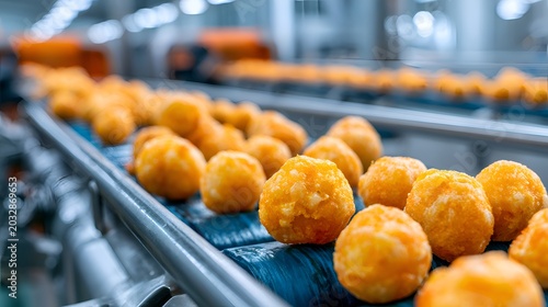 Industrial production of frozen potato balls on a conveyor belt in a food processing factory for distribution and sale to consumers.