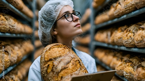 A bakery worker in hairnet holding a loaf of sourdough bread while inspecting the racks in a commercial bakery for quality control.