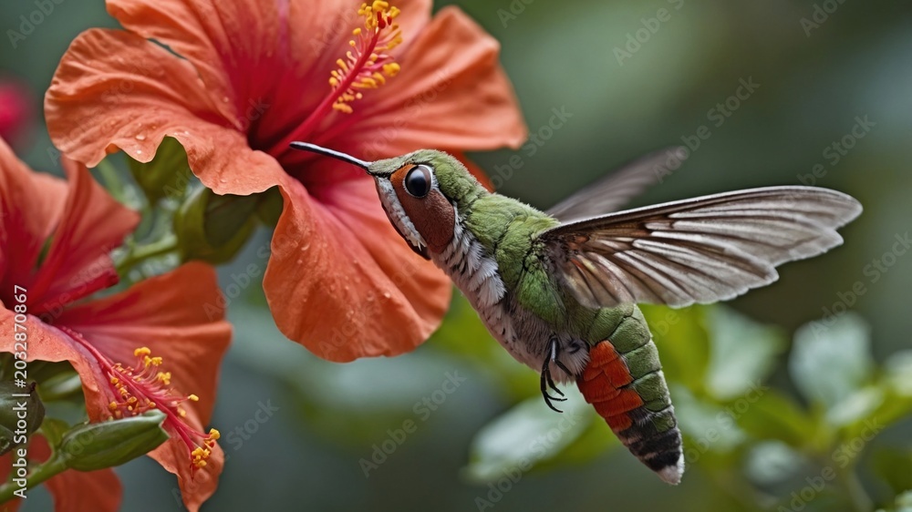 Fototapeta premium Vibrant hummingbird hovering near a bright orange hibiscus flower in a lush garden setting
