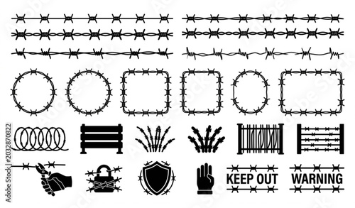 Photos Barbed wire fence and security icons set