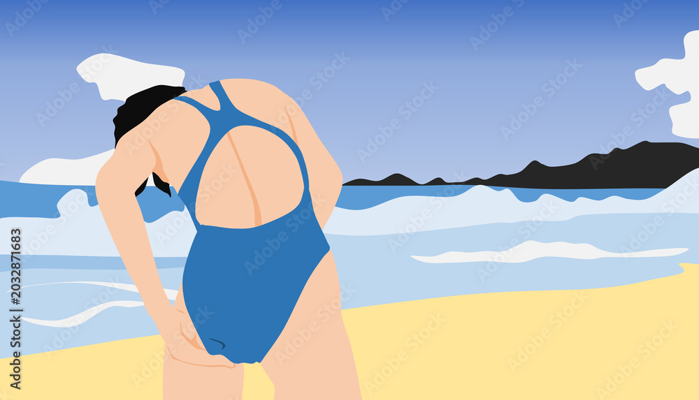 Fototapeta premium 水着を着た女性が浜辺にいるイラスト