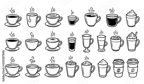 Photos Variety of hot beverage cups and glasses doodle set black and white