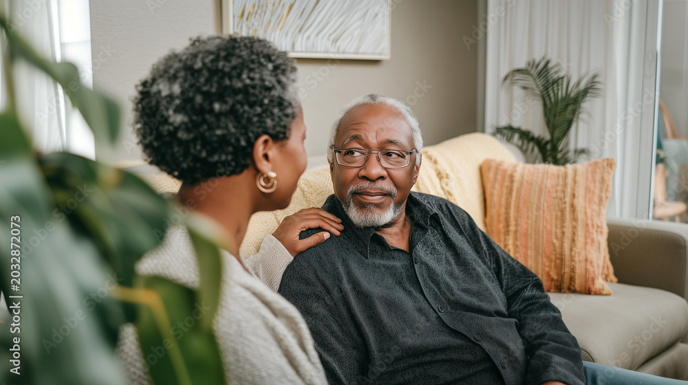 Fototapeta premium Elderly senior man woman talking cozy living room, hand shoulder support. Family care conversation, emotional connection understanding. Intergenerational relationship compassion home.
