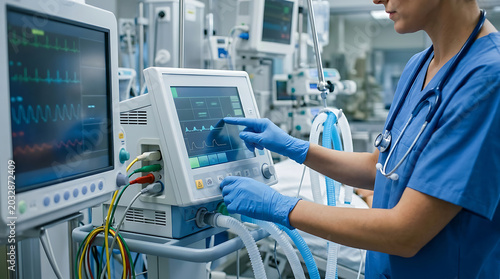 Healthcare worker operating medical ventilator equipment in hospital intensive care unit