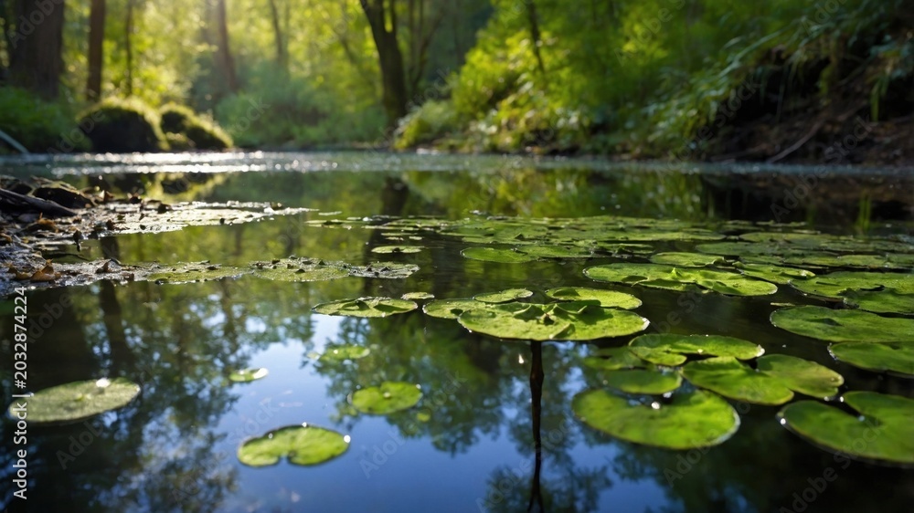 Fototapeta premium Serene pond with lily pads reflecting sunlight, surrounded by lush green forest in tranquil setting