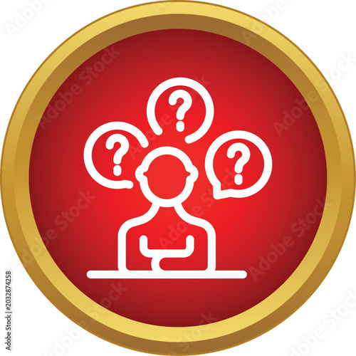 Person thinking with speech bubbles and question marks showing uncertainty and problem solving