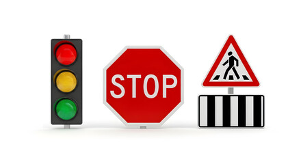 Traffic signs and signal with stop sign on road