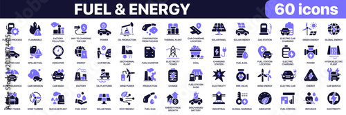 Fuel and energy icon collection in purple colored style. Includes electric car, charging station, solar panel, fuel production and renewable energy icons in flat fill style