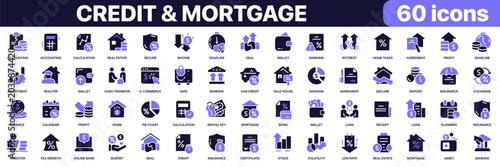 Bild auf Leinwand Credit and mortgage icon collection in purple colored style