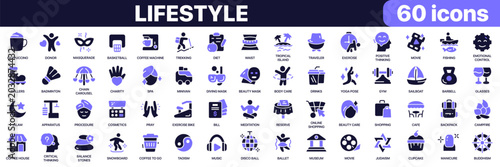 Lifestyle icon collection in purple colored style. Includes coffee, fitness, meditation, beauty care, travel, shopping and wellness icons in flat fill style