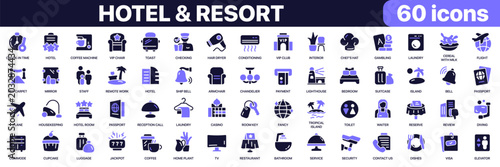 Bild auf Leinwand Hotel and resort icon collection in purple colored style