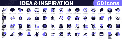 Idea and inspiration icon collection in purple colored style. Includes brainstorming, creativity, innovation, graphic design, startup, thinking and inspiration icons in flat fill style