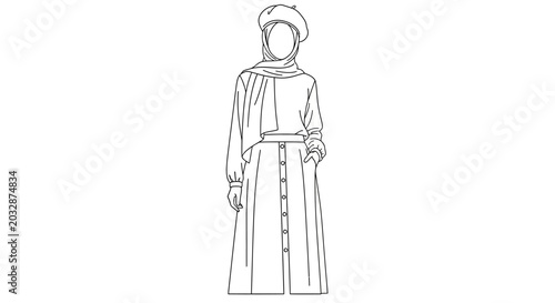 Fotografie Minimalist outline drawing of a woman wearing a modest hijab and long skirt