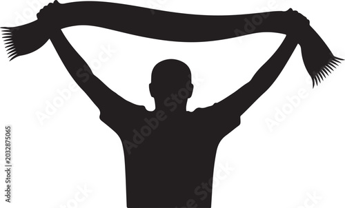 Slika na platnu A black silhouette of a person, likely a sports fan, seen from behind, holding a scarf aloft with both hands
