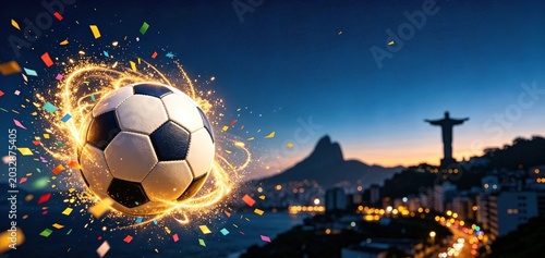 A glowing soccer ball with golden light trails and confetti sits against Rio de Janeiro's skyline at dusk,Ideal for Brazilian football promotions, carnival-themed sports event banners.