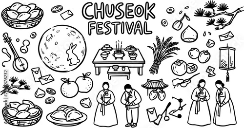 Foto Chuseok Festival Vector: Korean Harvest Celebration Icons in Black  White Line A