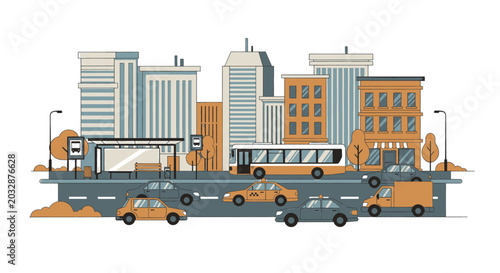 Urban transportation scene with modern buildings, buses, cars, and vans on a busy city street during the day