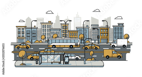 Modern urban street scene illustration featuring diverse vehicles like cars, buses, and taxis navigating a city filled with contemporary buildings and dynamic infrastructure under a clear sky