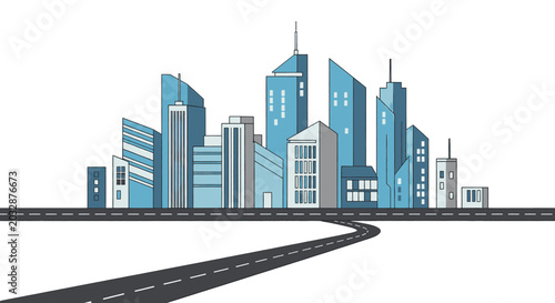 Modern abstract city skyline illustration with a curving road, symbolizing urban development, progress, and a bright future for metropolitan areas