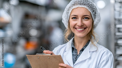 A smiling female quality control inspector in a hair net holding a clipboard while standing in a clean food processing plant environment.