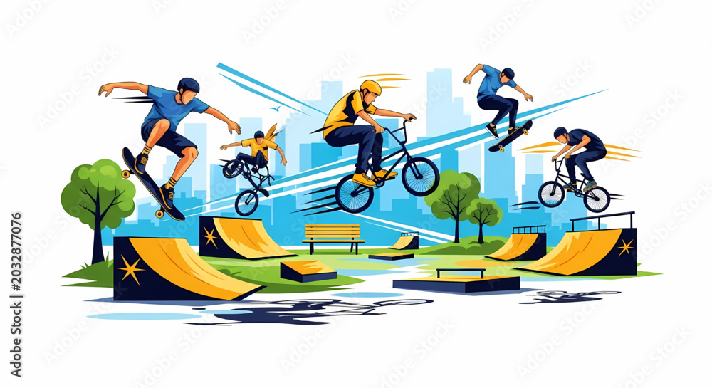 Fototapeta premium Urban skate park action with skateboarders and bmx riders
