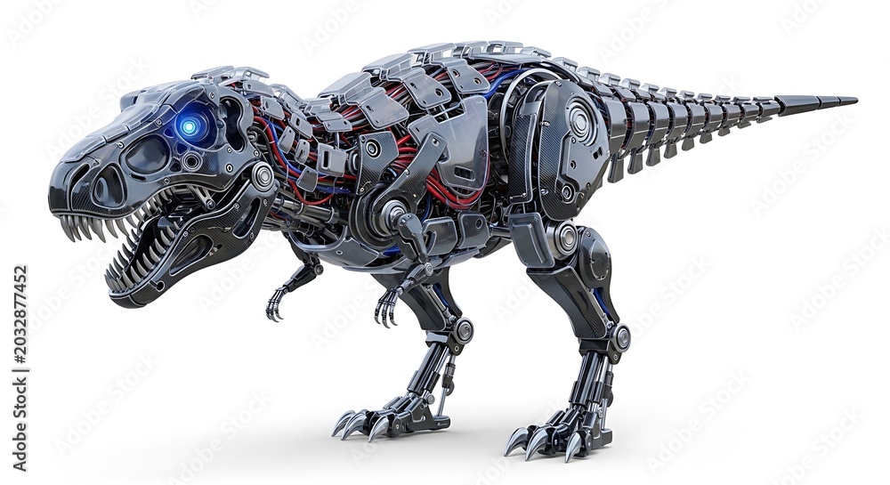 Fototapeta premium A detailed mechanical metal robot dinosaur t-rex with a glowing blue eye standing in a futuristic pose
